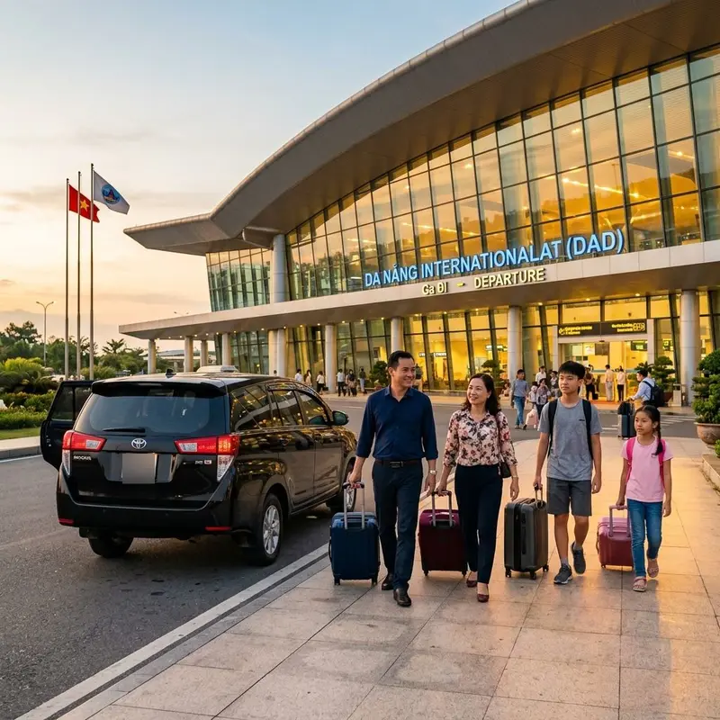 Dịch vụ tiễn sân bay Đà Nẵng trọn gói — gia đình với vali tại sảnh khởi hành