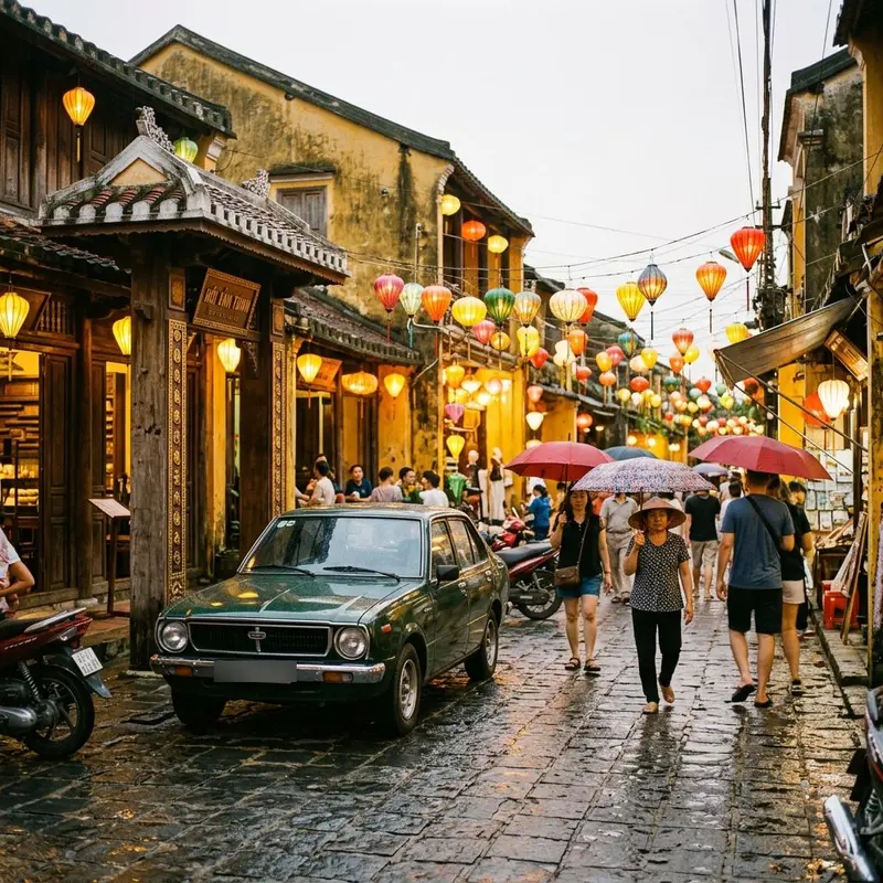 Xe đậu trước cổng phố cổ Hội An — dịch vụ xe ghép trọn gói